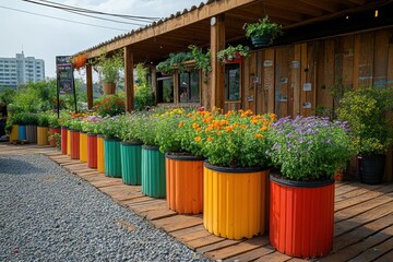 Colorful Flower Pots in a Garden Setting