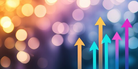 Bright upward pointing arrows set against a bokeh-effect background of blurry lights. This idea stands for expansion or achievement in business.