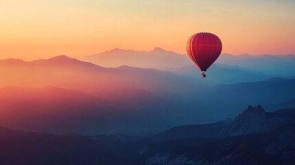 Fototapeta premium Sunrise Soaring: Hot Air Balloon Over Majestic Mountains