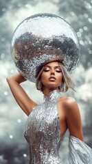 Fashion model posing with eyes closed and disco ball on head