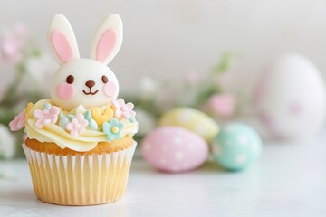 Easter themed cupcake with a bunny decoration on a white background, Easter eggs beside it, celebrating easter day, 20 april, 2024