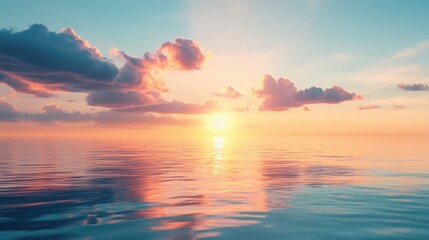 Fototapeta premium A stunning view of a serene sunset illuminating calm ocean waters. Soft clouds scatter across the sky, reflecting warm colors creating a tranquil atmosphere.