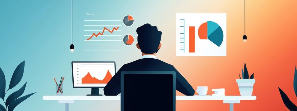 A salesperson reviewing their sales numbers at their desk, with charts indicating a tough month, but they remain focused on strategies for improvement