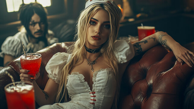 Gothic halloween party vibes with stylish costumes and mysterious atmosphere