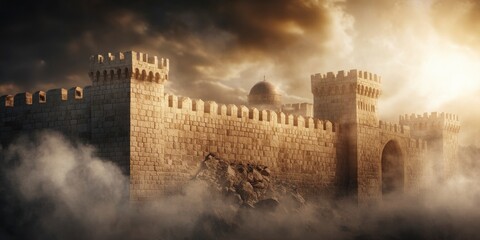 The ancient building is broken, with the sun shining on them and dark clouds in front. There is dust flying around them.