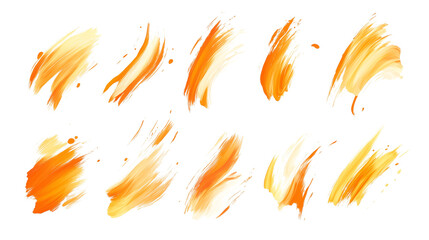 set of yellow orange scumbling brushstrokes isolated on transparent background