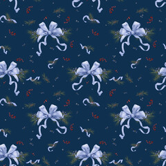 Festive bow with satin ribbons. Seamless Christmas pattern. Watercolor illustration in digital. Pine and fir branches, red winter berries, blackthorn, isolated on a dark background. New Year's decor