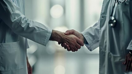 Two Doctors Shaking Hands in a Modern Hospital Hall