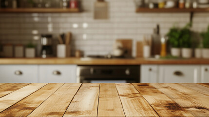 "Rustic Wooden Table Surface in Cozy Kitchen Interior with Blurred Background of Shelves, Appliances, and Warm Light - Home Cooking Space Concept