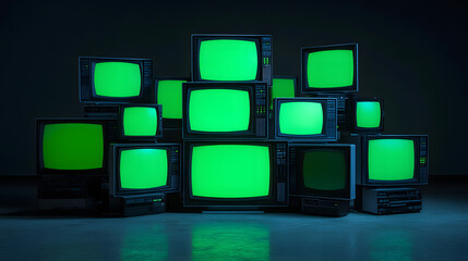 panorama stacks of green screen monitor tvs glowing in empty dark lighting black empty room background, televisions old aged classical monitors device chroma key equipment 3d render composition