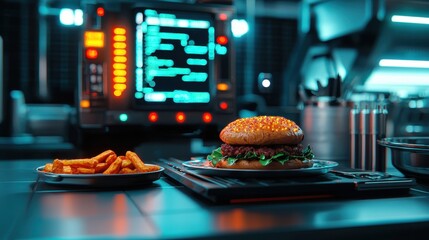 A futuristic food factory producing glowing, synthetic meals, holographic machinery in the background, cyberpunk, 3D rendering  ,closes up