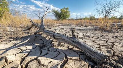 A fallen tree branch lies on cracked, dry earth in a desert landscape.