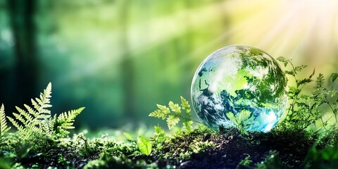 A glass globe of the Earth sits nestled amongst lush ferns and moss in a forest setting, sunlight filtering through the trees.