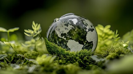 A glass globe representing planet earth sits on a bed of green moss and plants.