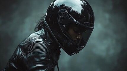 Biker wearing helmet and looking down in smoke