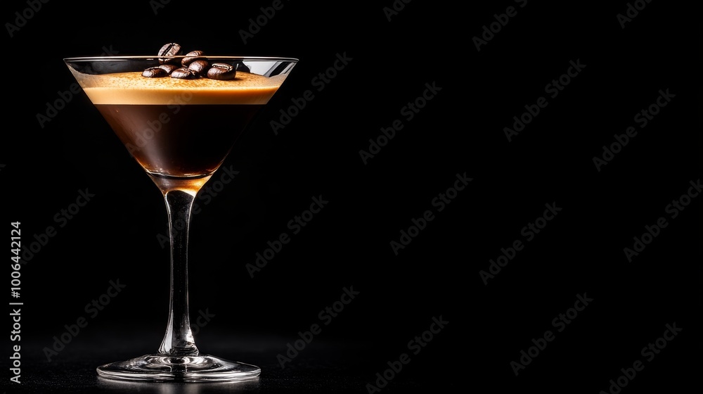 Wall mural A luxurious martini glass showcases a rich espresso cocktail, elegantly topped with three coffee beans, all set against a deep black background, enhancing its sophistication