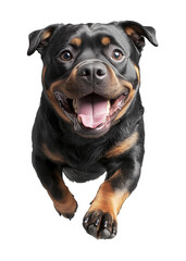Fototapeta premium A joyful grey Rottweiler leaping through the air under bright sunlight in a vibrant garden