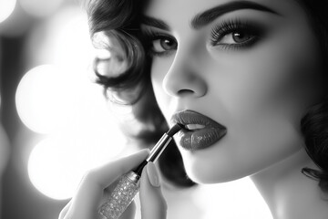 Fototapeta premium Black and white photo of a young woman with a perfect face applying lipstick on her lips. Turn to look at the camera with focused eyes.