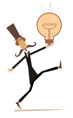 Business idea, knowledge exchange, successful work. Cartoon man in the top hat holds a light bulb. Isolated on white background