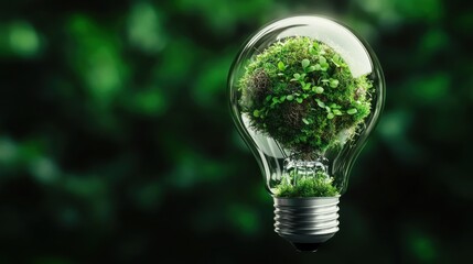 A single lightbulb filled with greenery and small ecosystems inside, eco-friendly innovation and the power of sustainable ideas to light the way forward