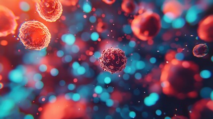 Fat cells under a microscope, morphing into holographic data streams, scientific illustration, glowing red and blue hues, emphasizing biological research.  ,closes up