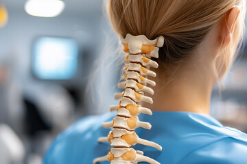 Fototapeta premium A graphic image of a young woman's spine and an X-ray of her back, designed to communicate the message of spinal disc health and care.