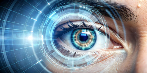 Obraz premium Futuristic Biometric Voter Iris Scan: Extreme Close-Up of Eye with Holographic Voting Interface and Glowing Blue Accents on White Background
