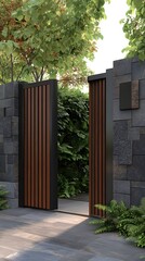  Modern wooden fence with metal gate, modern home entrance design, exterior front view