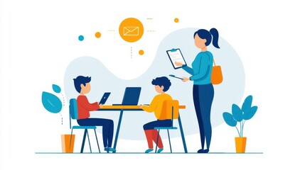 A teacher stands at the front of a classroom, helping a group of young students set academic goals for the school year.