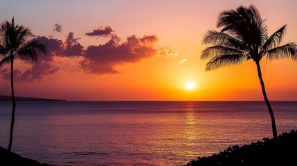 ##  Palm Silhouette at Sunset Over the Ocean
