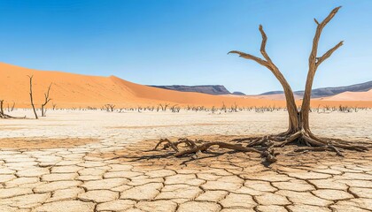 A lone, dead tree stands in the middle of a cracked, dried-up lake bed in the Namib Desert, with red sand dunes in the background.