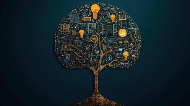 A tree growing from a gear-shaped foundation, with each branch holding a different abstract object like a lightbulb, code, and digital screens, growth and structured innovation