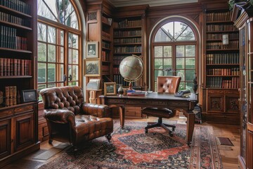Traditional Study A classic study with a wooden desk, leather armchair, and built-in bookshelves. Add a Persian rug and a vintage globe