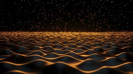 Fototapeta premium The image shows a dark, undulating surface with glowing orange lines, backlit by a scattering of golden orbs.