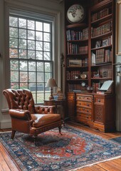 Traditional Study A classic study with a wooden desk, leather armchair, and built-in bookshelves. Add a Persian rug and a vintage globe
