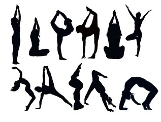silhouette person. Yoga silhouettes.Yoga set silhouette illustration. Set of yoga Silhouette . Hand drawn black silhouettes. Female.