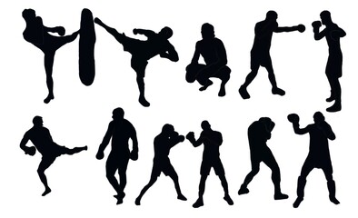 silhouette person. Boxing silhouettes. Boxing set silhouette illustration. Set of boxing Silhouette . Hand drawn black silhouettes. male.
