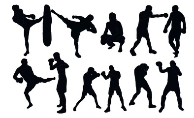 silhouette person. Boxing silhouettes. Boxing set silhouette illustration. Set of boxing Silhouette . Hand drawn black silhouettes. male.
