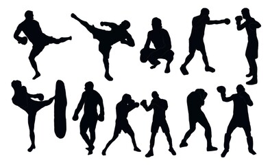 silhouette person. Boxing silhouettes. Boxing set silhouette illustration. Set of boxing Silhouette . Hand drawn black silhouettes. male.

