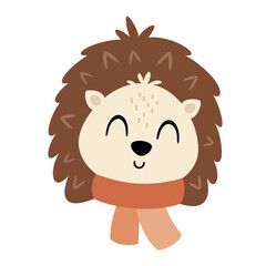 Cute hedgehog face clipart. Autumn animal character. Hand drawn vector illustration in flat style	