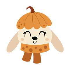 Cute autumn bunny face clipart. Woodland animal character. Vector illustration in cartoon style 