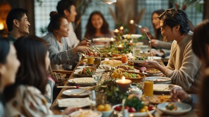 A group of people are gathered around a long table with a variety of food