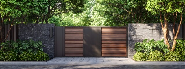  Modern wooden fence with metal gate, modern home entrance design, exterior front view