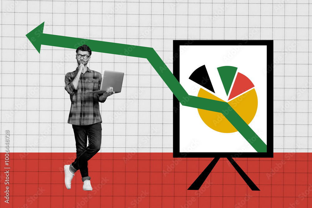 Poster collage artwork sketch of business confident man working analyzing graphic diagram trading concept i