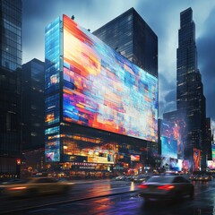 Obraz premium ## Tech City's Digital Canvas: Ultra-HD Billboard Reflects Evening Glow