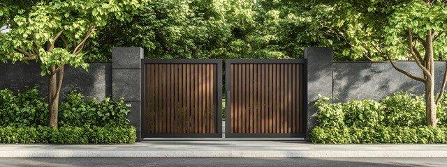  Modern wooden fence with metal gate, modern home entrance design, exterior front view