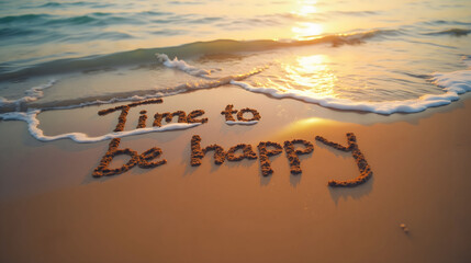 Time to be happy written on sand with ocean waves