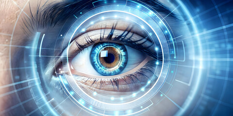 Futuristic Biometric Voter Iris Scan: Extreme Close-Up of Eye with Holographic Voting Interface and Glowing Blue Accents