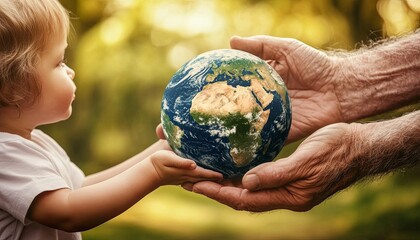 A young child and an elderly man hold a globe in their hands, symbolizing the passing of the planet's future from one generation to the next.