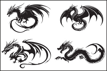 Fototapeta premium Dragon Silhouette, Dragon Clipart, Fantasy Art, Mythical Creature, Dragon Design, Silhouette Art, Fantasy Silhouette, Dragon Illustration, Medieval Art, Creature Silhouette, Fantasy Graphics,